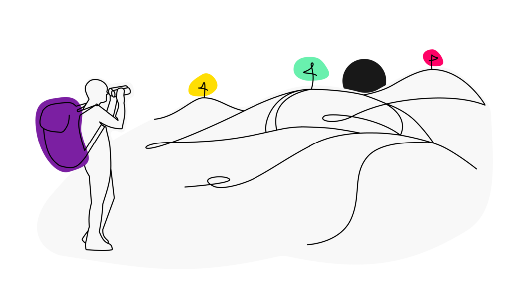 Illustration of a Pathfinder using binoculars to gaze towards hill where a new moon rises.