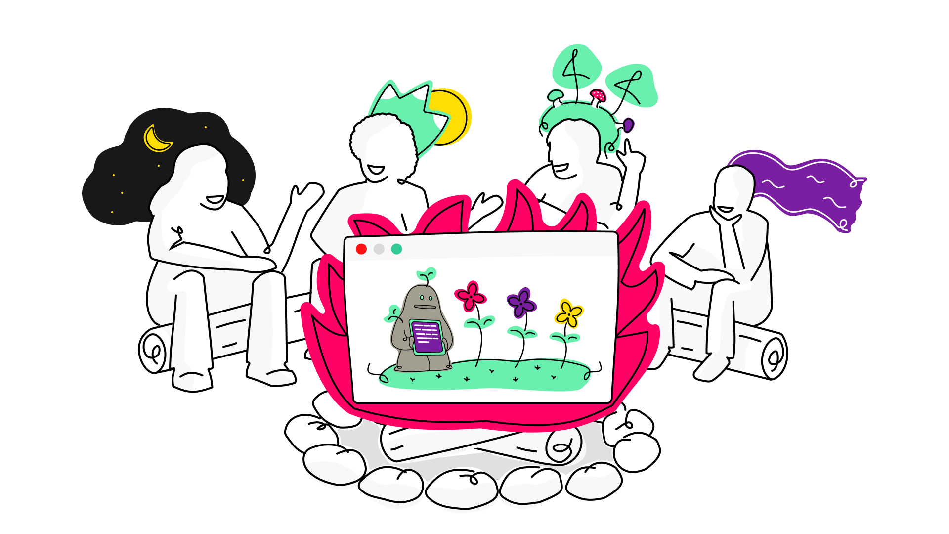 Illustration of four people sitting around a campfire, each person with a place influencing their thoughts. The fire in the campfire is an app that represents ETHOS Gardening based on the Elemental Ethics framework.