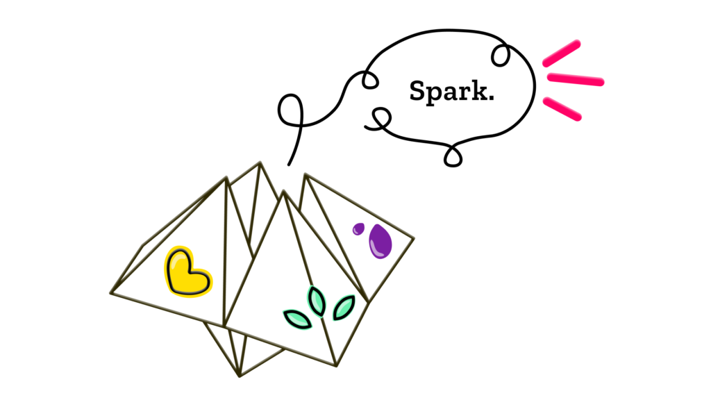 Illustration of an origami paper fortune teller, with the word spark emerging from it.