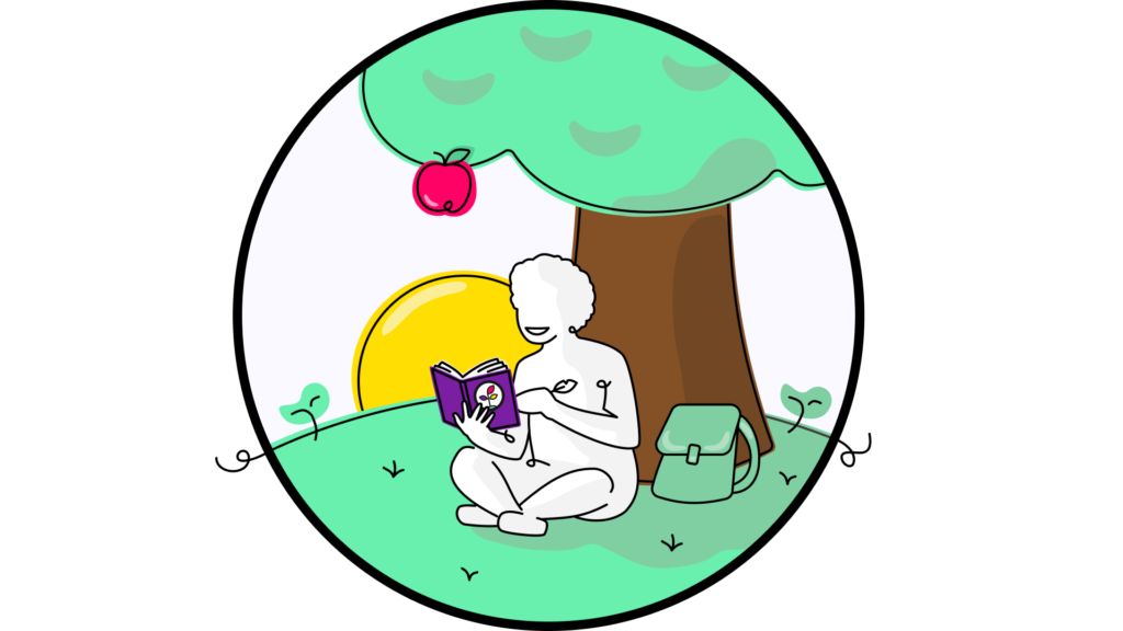 Illustration of a person sitting underneath a tree as the sun rises, holding a journal and smiling as they gaze into the distance.